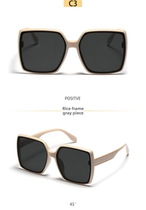 Detail view of cream square frame sunglasses with grey polarized lenses from two angles