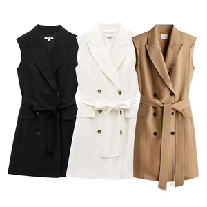 Women Sleeveless Blazer Dress Double Breasted Waist Belt Slim Fit Polyester Linen Blend French Elegant Office Midi