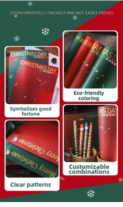 Close-up of eco-friendly Christmas gift wrapping paper with gold stamping and Santa patterns