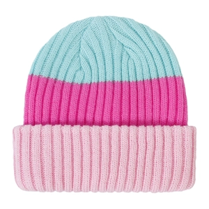 Detailed view of color-block ribbed knit beanie for children in blue and pink tones