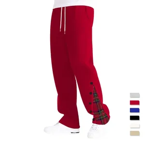 Pantalon de sport rouge lourd pour hommes avec fentes à boutons et doublure écossaise