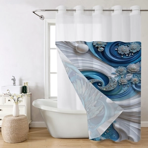 Detailed blue floral shower curtain with 3D print and metal grommets in a bathroom setting