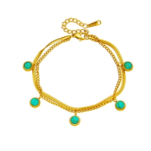 Double-layer gold stainless steel snake chain bracelet with five turquoise stone pendants