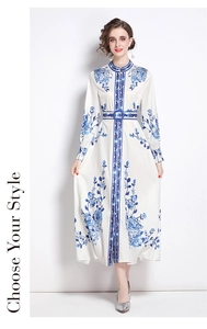 Detail of blue porcelain flower print on long sleeve white dress with waist belt