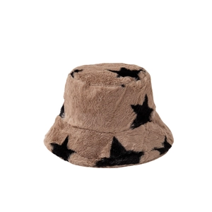 Cappello da pescatore in peluche kaki con stelle nere in ecopelliccia per l'inverno