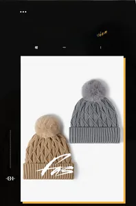 Detailed knit texture and fluffy faux fur pom-poms on gray and khaki winter beanies