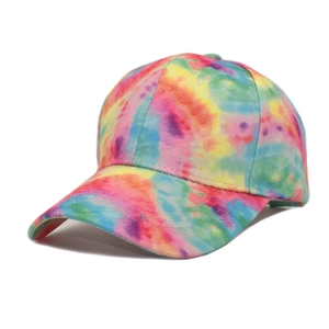 Close-up of vibrant tie-dye pattern on breathable cotton twill baseball cap