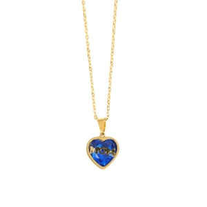 Gold MOM heart necklace with blue birthstone pendant and stainless steel cable chain