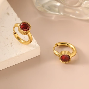 Exquisite 18K gold-plated stainless steel hoop earrings with a red zircon gemstone