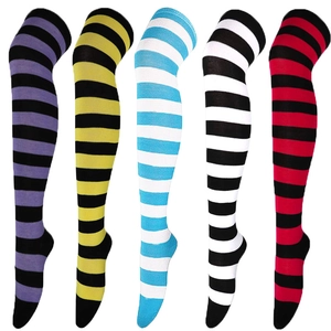 Women's thigh-high striped over-knee socks displayed in five various vibrant color patterns