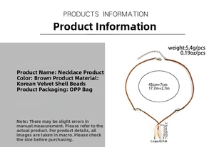 Size chart for shell necklace featuring brown cord and blue beads with 45cm length