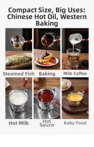 Detailed views of multi-use stainless steel mini pot with wood handle for oil and milk