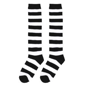 Close-up of black and white striped knee high socks featuring reinforced toe and heel