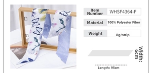 Detailed size view of 95x6cm polyester silk scarf with purple butterfly patterns