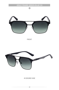 Macro view of gold frame sunglasses with green-blue gradient lenses and textured temples