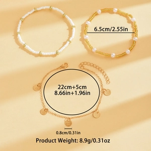 Three-piece bohemian beaded anklet set with gold metal discs and size specifications