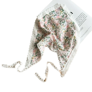 Floral print triangle hair bandana with delicate white lace trim and ties for summer styling