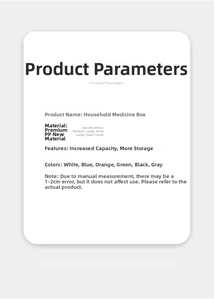 Size specifications chart for large medicine box showing sizes and premium PP material