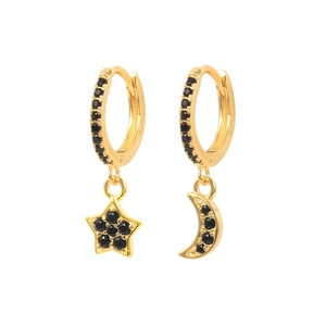 Gold S925 silver asymmetric star and moon hoop earrings with black zircon stones