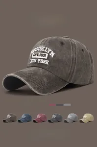 Close-up of vintage washed cotton baseball cap with Brooklyn embroidery details
