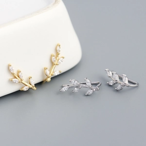 Marquise Zircon Leaf Branch Ear Crawlers 925 Sterling Silver Earring Post Elegant Korean Style Jewelry For Women