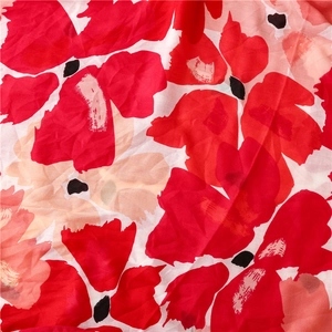 Retro red floral print cotton linen feel scarf with bohemian patterns and soft texture