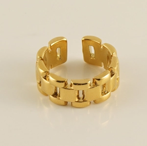 Detail showing polished gold geometric link design of the stainless steel open ring