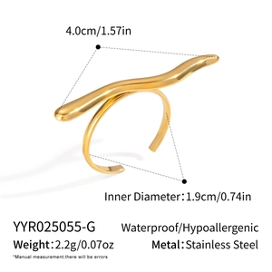 Detail showing dimensions of golden streamline open ring in stainless steel with measurements