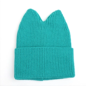 Close-up of mint green knitted beanie featuring cute cat ears and thick ribbed texture