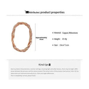 Detailed view of rose gold multi-layer rhinestone bracelet with size and material specs