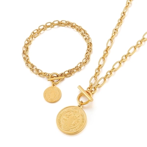 Stainless Steel Necklace And Bracelet With OT Toggle Clasp Coin Pendant Vintage Hip Hop For Women