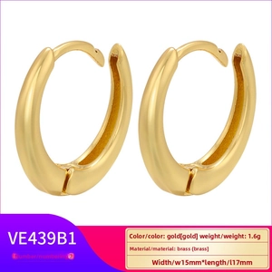 Polished gold brass hoop earrings measuring 15mm by 17mm with a secure clasp closure