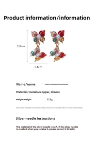 Detailed view of colorful zircon butterfly earrings with dimensions 2.8cm by 1.4cm