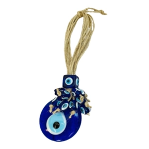 Turkish blue glass evil eye hanging ornament with rustic hemp rope and multiple beads