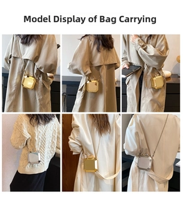 Octagonal metallic evening bag with pearl clasp and chain strap shown in various perspectives