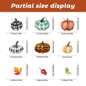 Detail of Thanksgiving window sticker sizes showing pumpkins and autumn leaves dimensions