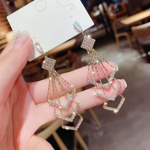 Elegant geometric tassel earrings with sparkling rhinestones and long drop fringe design