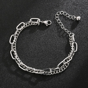 Double Layer Chain Bracelet Stainless Steel Cuban And Paperclip Links Adjustable Hip Hop Retro Minimalist Jewelry For Men