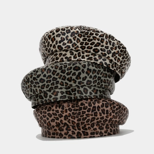 Three-piece leopard print PU leather beret hats in classic brown, gray, and dark tones
