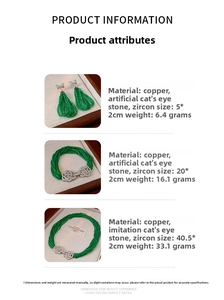 Detailed set of green cat-eye stone jewelry featuring flower bow necklace and earrings