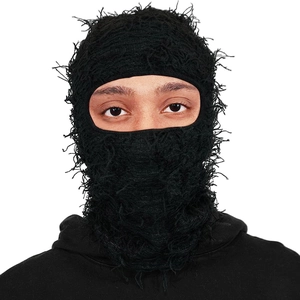 Black knitted distressed balaclava mask with fringe and raw edge detailing for outdoors