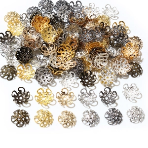 Hollow iron flower bead caps in gold, silver, and bronze for DIY jewelry making