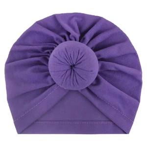 Cute dark purple baby donut turban hat made of soft solid knit fabric for infants