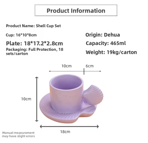 Macro shot of purple shell ceramic mug set with detailed handle and tray dimensions