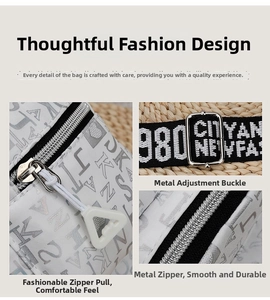 Detail of fashion zipper pull and metal adjustment buckle on the patterned crossbody bag