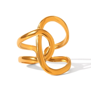 Detail of 18K gold-plated stainless steel ring featuring a sleek crossover design