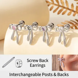 Schleifen-Ohrstecker Mit Titanstahl-Ohrpfosten Herz-Zirkonia Schraubverschluss Knorpel-Piercing Für Frauen Mädchen