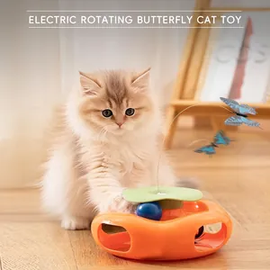 Electric rotating persimmon cat toy with a blue butterfly and rolling ball track