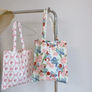Minimalist floral canvas tote bags with pink bow and rose patterns for daily commute