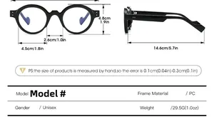 Detailed size guide with frame dimensions and weight for unisex round PC glasses